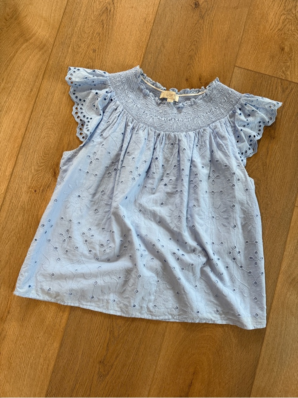 LOFT Light Blue Eyelet Smocked Yoke Flutter Sleeve Top